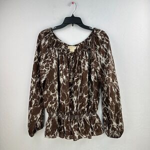 Michael Kors Silk Blouse Womens Top L‎ Brown Cream Goldtone Tie Smocked Waist